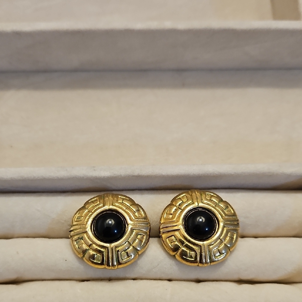 Vintage Designer Givenchy Greek Key Earrings With Black Stone
